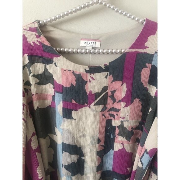 Andre By Unit Womens Size L Abstract Floral Dress Boho Gauzy Long Sleeve Sash - Picture 2 of 5